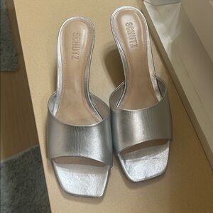 SCHUTZ Metallic Silver Heeled Mules